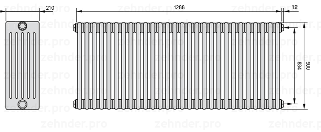 Схема (чертеж) Радиатор Zehnder Charleston 6090/28 №7610 Белый глянцевый RAL 9016